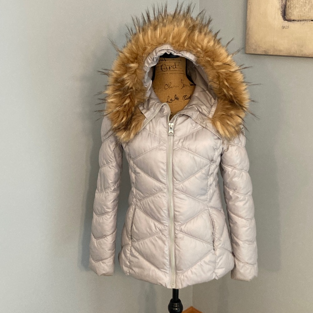 Guess Silver Puffer Hooded Jacket with Removable Faux Fur Women Size Small